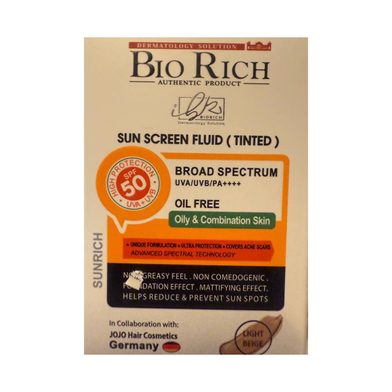 بایوریچ فلوئید ضد آفتاب رنگی بژ روشن spf50 مناسب پوست چرب